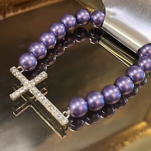 Purple Pearl and Crystal Cross Bracelet